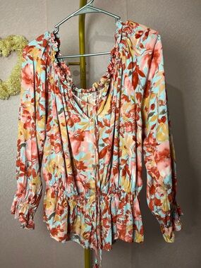 Kori Coral Multi Floral Peasant Blouse